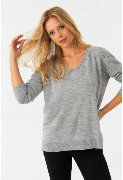 Kadın Açık Gri V Yaka Taşlı İnce Triko Bluz YİL002