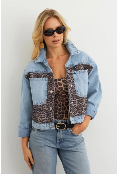 Kadın Açık-Mavi Bloklu Leopar Denim Ceket KAM300
