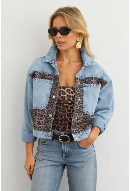 Kadın Açık-Mavi Bloklu Leopar Denim Ceket KAM300