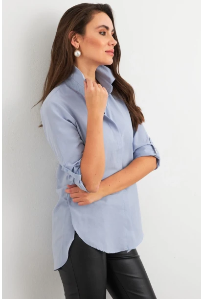 Kadın Açık-Mavi Gizli Düğmeli Uzun Gömlek SF2001