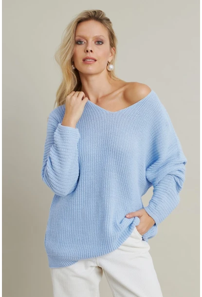 Kadın Açık-Mavi V Yaka Salaş Triko Bluz SMT158