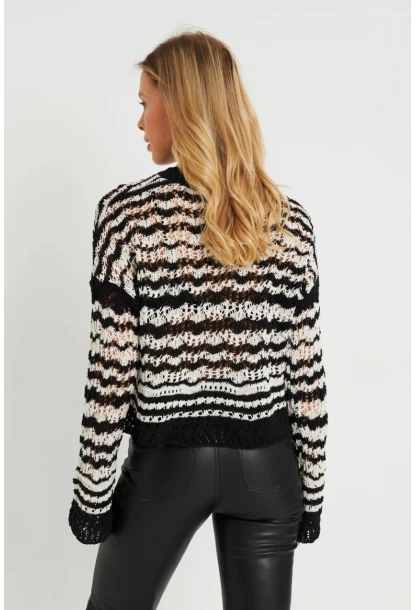 Kadın Ajurlu Triko Bluz Beyaz-Siyah YZ619