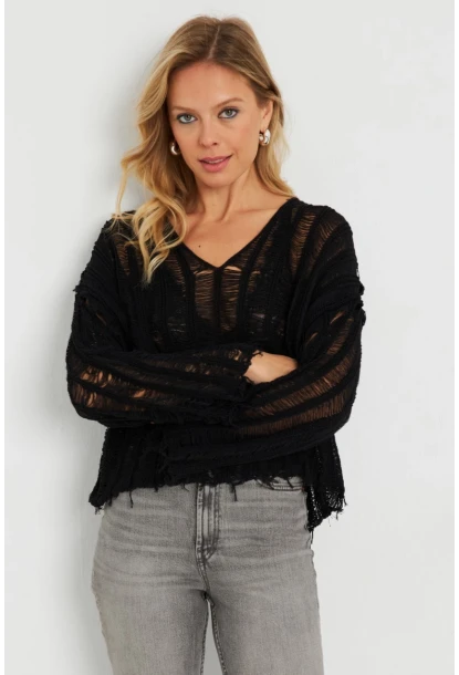 Kadın Ajurlu Triko Bluz Siyah YZ618