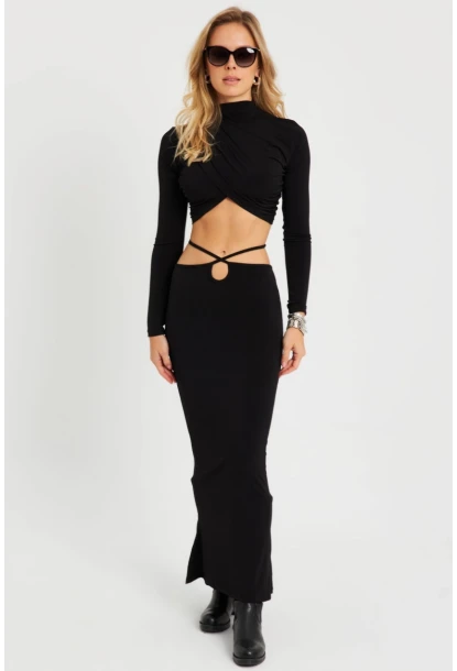 Kadın Alt Üst Büzgülü Crop Takım Siyah YEL86
