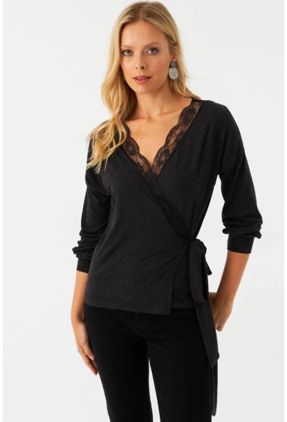 Kadın Antrasit Dantel Detaylı Kruvaze Bluz EY2992