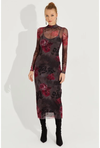 Kadın Antrasit Desenli Midi Tül Elbise YEL221355