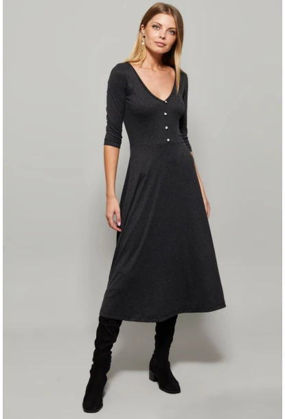 Kadın Antrasit Düğme Aksesuarlı V Yaka Elbise EY1123