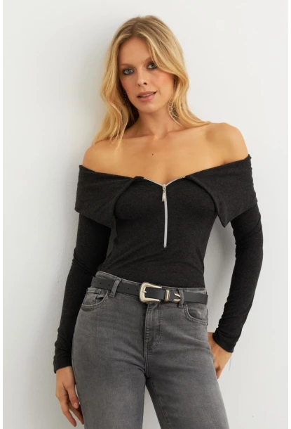 Kadın Antrasit Fermuarlı Madonna Yaka Bluz EY2559