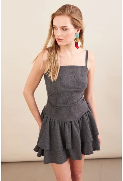 Kadın Antrasit Fırfırlı Mini Elbise MOD7593