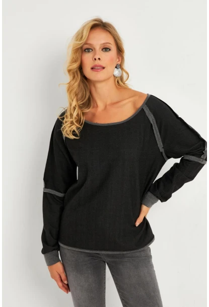 Kadın Antrasit Kayık Yaka Ters Dikişli Sweatshirt TF10