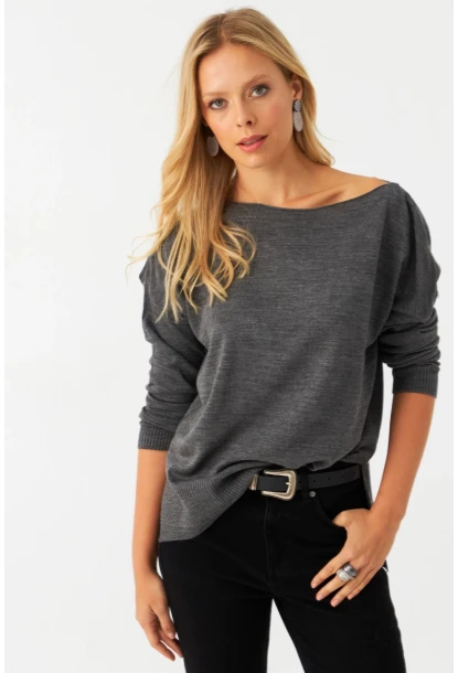 Kadın Antrasit Kayık Yaka Triko Bluz YİL561