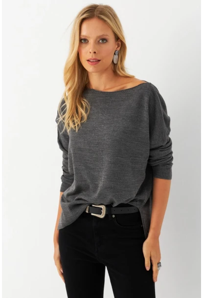 Kadın Antrasit Kayık Yaka Triko Bluz YİL561