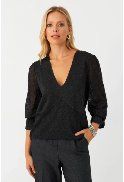 Kadın Antrasit Kol Detaylı Metalik Bluz AYD391