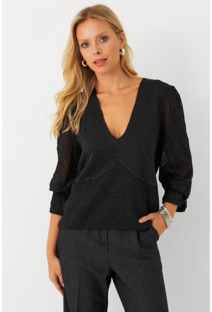 Kadın Antrasit Kol Detaylı Metalik Bluz AYD391