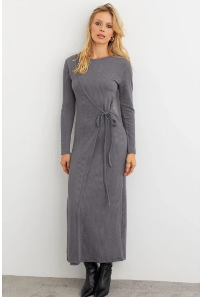 Kadın Antrasit Kruvaze Maxi Elbise MTF31