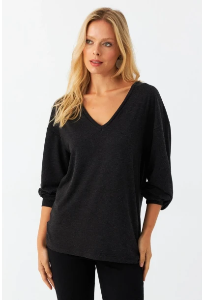 Kadın Antrasit Ön Arka V Salaş Bluz EY3003