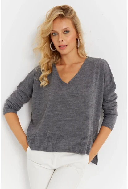 Kadın Antrasit Önü Kısa Triko Kazak YİL551