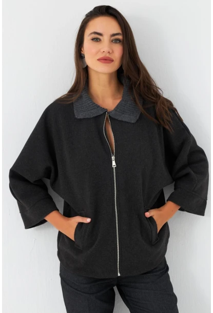 Kadın Antrasit Örme Yaka Kaşe Ceket CAR1080