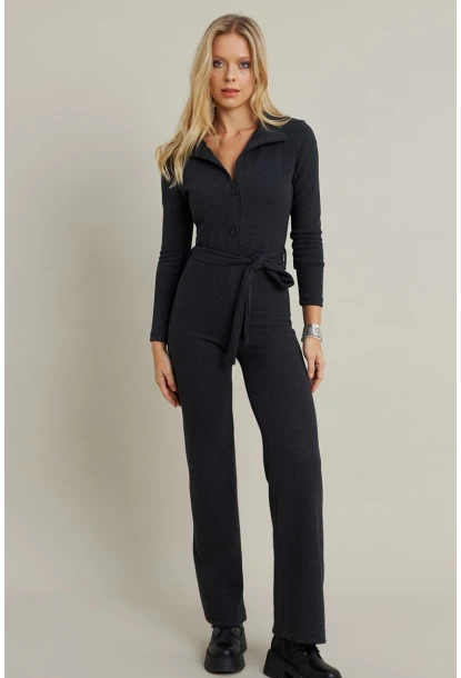 Kadın Antrasit Polo Yaka Kemerli Tulum YLE1099