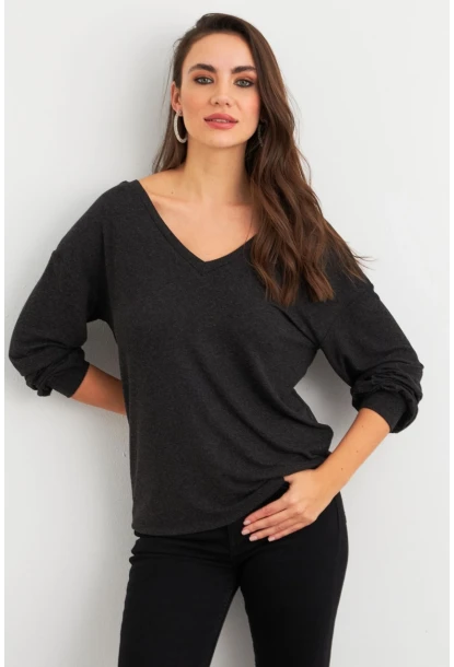 Kadın Antrasit Sırtı Fiyonklu Bluz EY3022