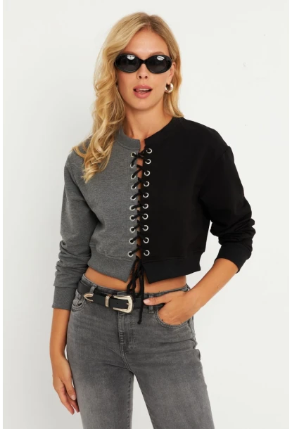 Kadın Antrasit-Siyah Kuşgözlü Kısa Sweatshirt TF02
