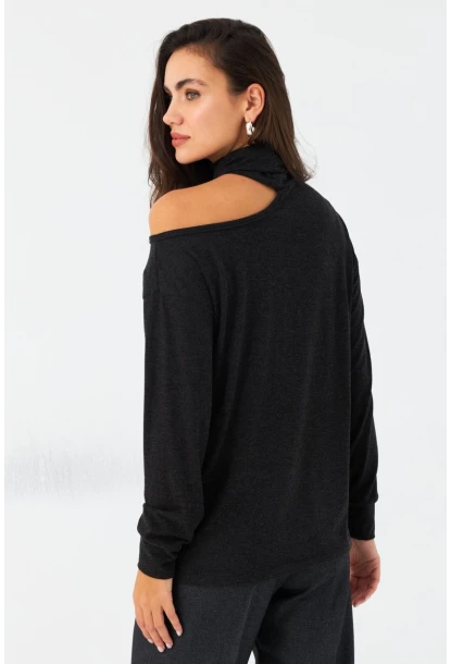 Kadın Antrasit Tek Omuz Açık Balıkçı Bluz EY2981