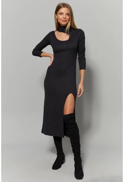 Kadın Antrasit Yaka Pencereli Yırtmaçlı Elbise Yİ1984