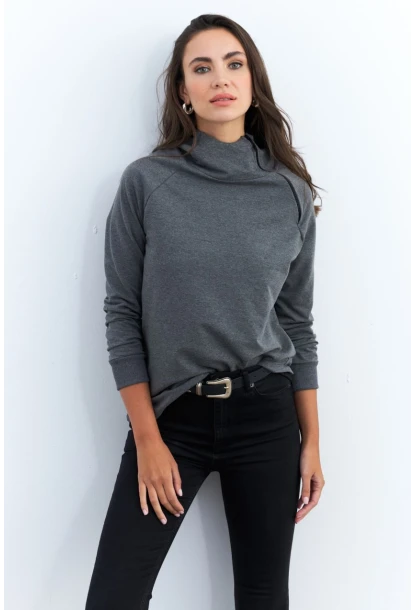Kadın Antrasit Yakası Fermuarlı Sweatshirt TF11