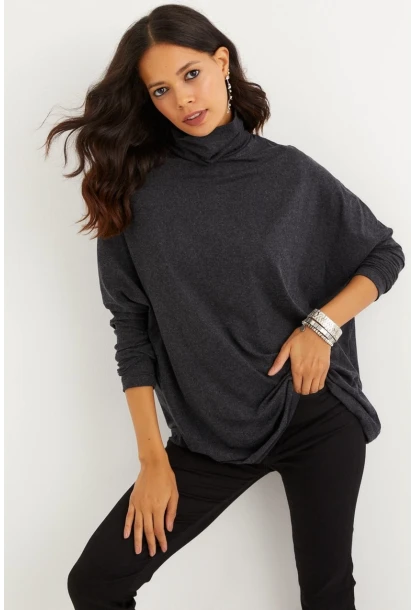 Kadın Antrasit Yarasa Kol Balıkçı Bluz EY1049