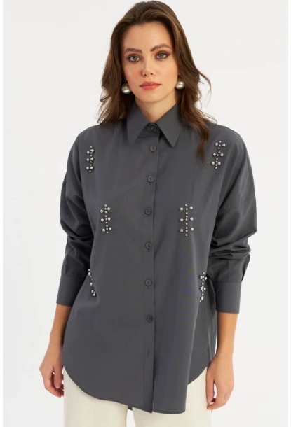 Kadın Antrasit Zımbalı Gömlek MASF1