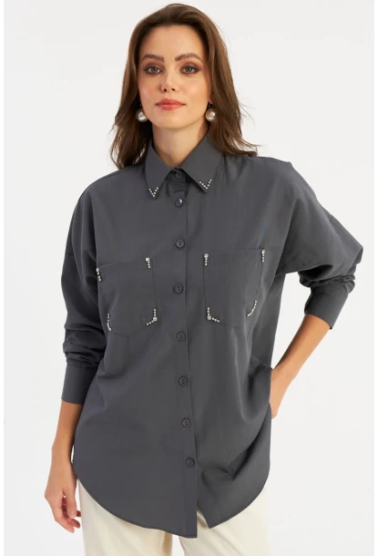 Kadın Antrasit Zımbalı Gömlek MASF2
