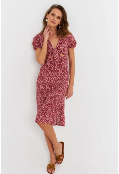 Kadın Badem Düğümlü Pencereli Midi Elbise Q1002