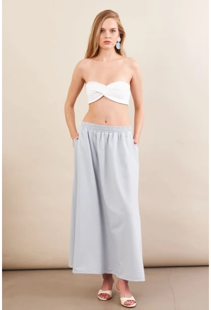 Kadın Bebe Mavi Keten Cepli Midi Etek RSP4440