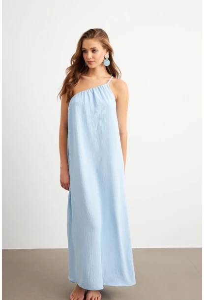 Kadın Bebe Mavi Tek Omuz Maxi Elbise İRE1012