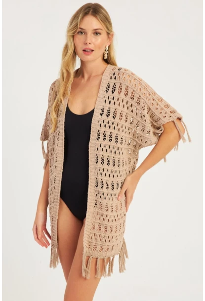 Kadın Bej Ajurlu Püsküllü Hırka YV224