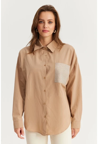 Kadın Bej Cepli Taşlı Gömlek ZER414