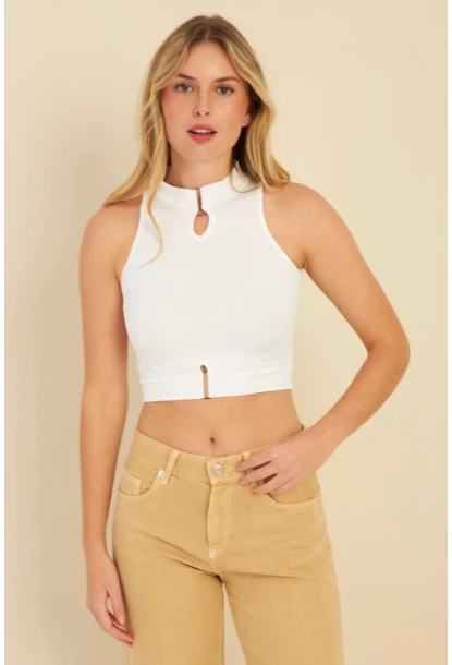 Kadın Beyaz Aksesuarlı Crop Bluz CG340