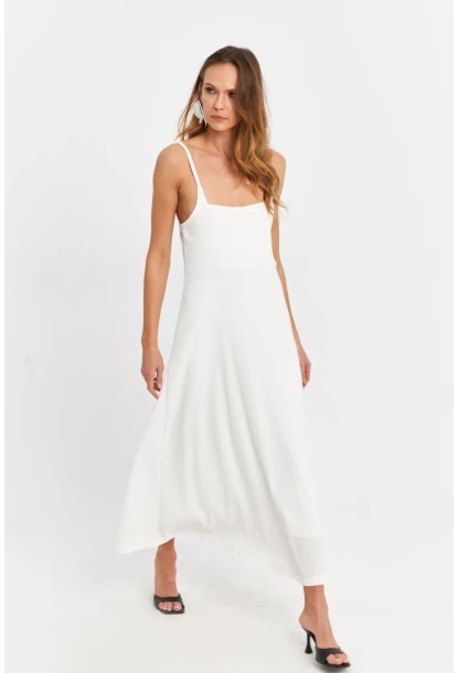 Kadın Beyaz Askılı Bürümcük Midi Elbise EY3057