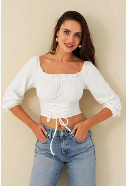 Kadın Beyaz Bağlama Detaylı Crop Bluz CG387