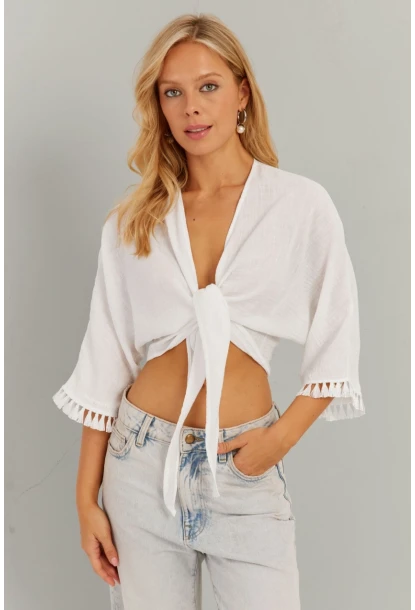 Kadın Beyaz Bağlamalı Bluz KS034