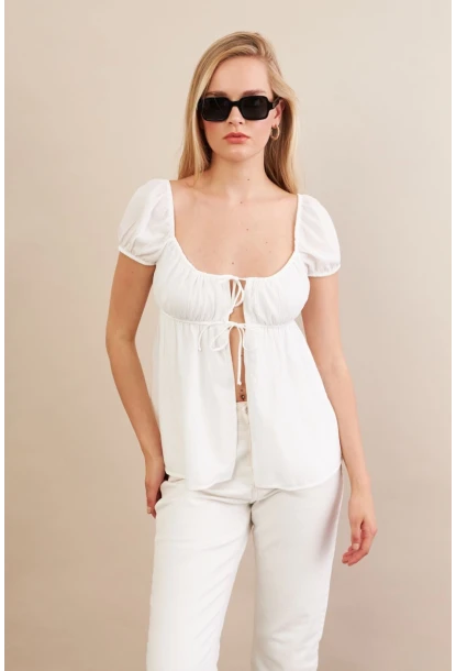 Kadın Beyaz Bağlamalı Rustik Bluz ZH128