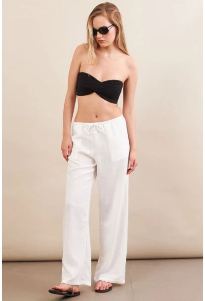 Kadın Beyaz Beli Bağcıklı Pantolon ZH105