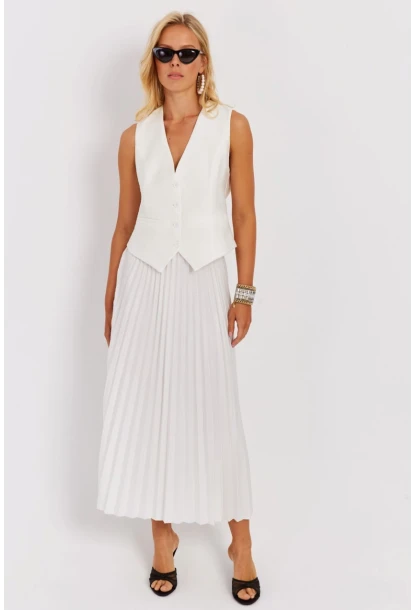 Kadın Beyaz Beli Lastikli Pilise Etek OW145