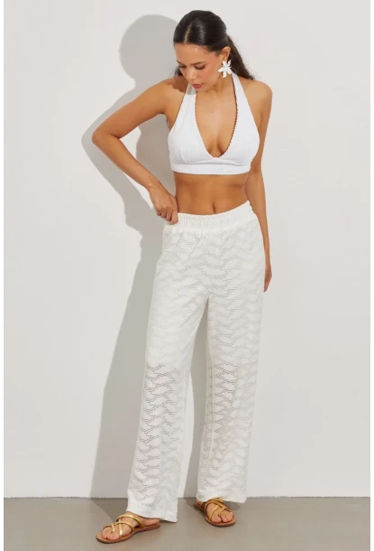 Kadın Beyaz Beli Lastikli Yarım Astarlı Brode Pantolon TW80018