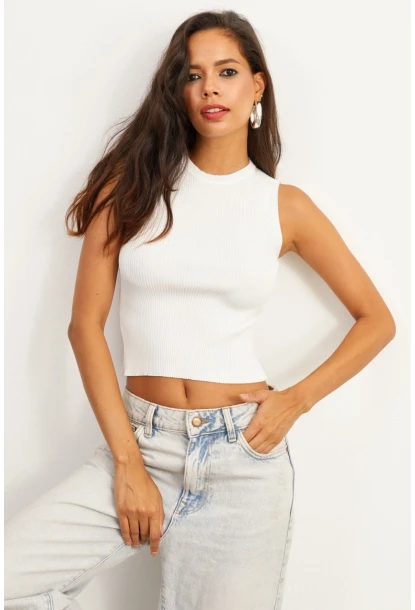 Kadın Beyaz Bisiklet Yaka Triko Bluz YV91