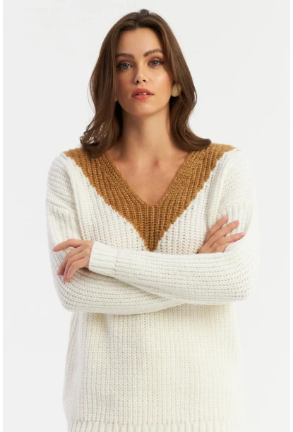Kadın Beyaz-Camel V Yaka Triko Kazak SMT2434