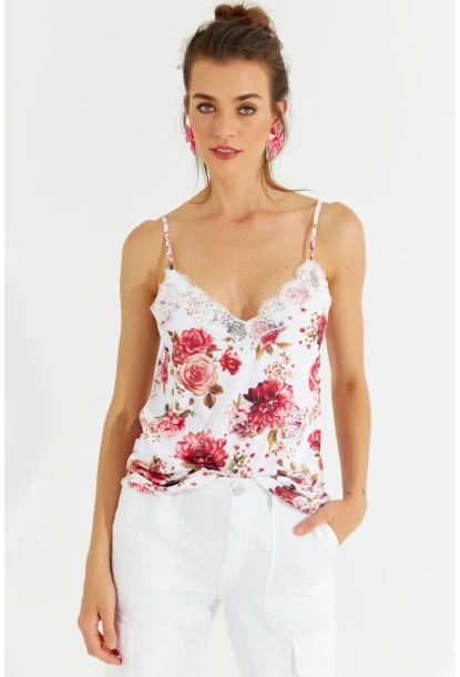 Kadın Beyaz Dantelli Askılı Çiçekli Bluz LPP1227