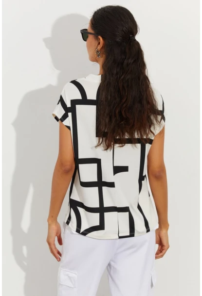 Kadın Beyaz Desenli V Yaka Bluz LPP1217