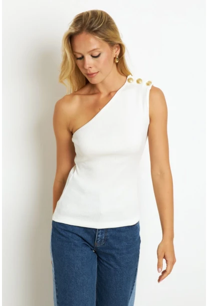 Kadın Beyaz Düğme Detaylı Kaşkorse Bluz EY2711