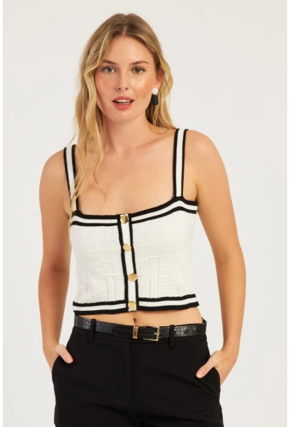 Kadın Beyaz Düğme Detaylı Triko Crop Bluz MSS134